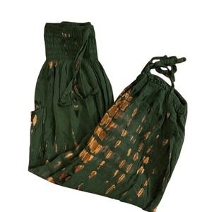 Rinjanie Boho Tie Dye Smocked Waist Harem Pants Green Tan Women